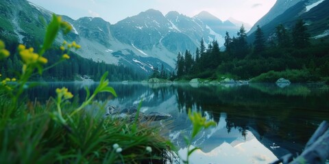 Wall Mural - A serene lake scene with lush greenery and mountain backdrop, perfect for nature-inspired designs