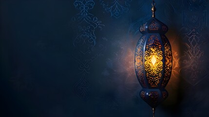 Wall Mural - Traditional ornate lantern with a lit candle inside is placed on a wooden surface against the blurred backdrop