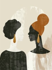 Wall Mural - 2 women, one with black hair & the other with a brown head wrap, face each other in a simple, abstract style. Black silhouettes with gold earrings, set against a beige & white background