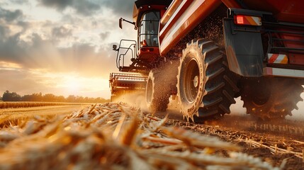 Efficient Grain Transfer: Combine Harvester Loading Grain into Truck for Transport