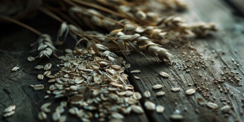 Wall Mural - A close-up shot of a bunch of oats sitting on a wooden table