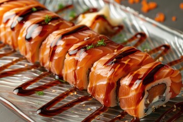 Wall Mural - A roll of sushi covered in savory sauce