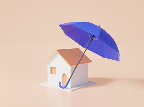 House with umbrella. home insurance concept, home and real estate Property insurance, Insurance policy, Assurance protection, policy Guarantee business, House property. 3d icon rendering illustration
