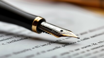 A close-up of a fountain pen resting on a page of text. The pen is poised ready to sign a legal document, contract, or agreement.