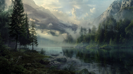 Wall Mural - A serene and peaceful scene of a lake surrounded by trees and mountains