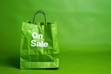 A green shopping bag with the words On Sale printed on it, isolated on a green background.