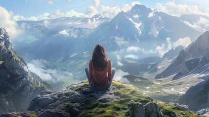 Beautiful Girl Immersing Herself in Mountain Meditation Bliss
