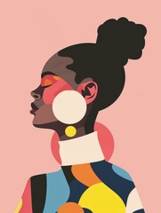 Wall Mural - an illustration of a woman with black hair in a bun, wearing a colorful, geometrically patterned shi