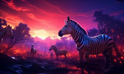 Zebra herd in savannah, flat design, side view, wildlife theme, 3D render, Complementary Color Scheme