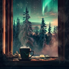 Wall Mural - Cup of steaming coffee under a window with a scenic view. Perfect for cozy, relaxing, and serene themes.