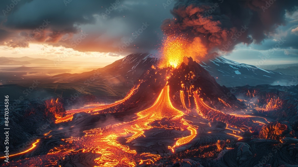 Volcano erupting, ash and lava spewing into the air and flowing down ...