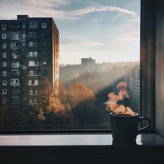 Wall Mural - Cup of steaming coffee under a window with a scenic view. Perfect for cozy, relaxing, and serene themes.