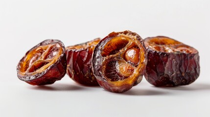 Wall Mural - photograph of dried jujubes, rich red-brown skin, on a white background. One jujube is whole and the other is sliced open, displaying its textured interior