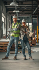 Two confident construction workers posing with arms crossed on building site