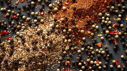 Aufkleber - A close-up shot of assorted spices, including black pepper, garlic powder, and paprika, spread on a dark countertop. Generative AI