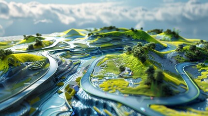 Abstract 3D Rendering of a Triathlon Course Depicting Swimming, Cycling, and Running Terrains