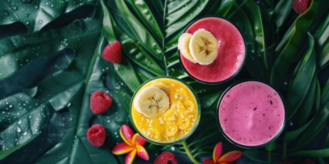 Wall Mural - Three glasses of blended fruit smoothies with bananas and raspberries for a healthy snack or breakfast