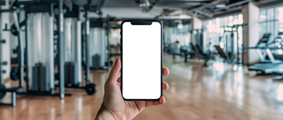 Hand holding smartphone with blank screen in gym