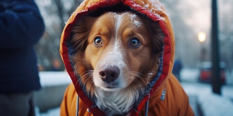 A brown and white dog wearing a jacket, suitable for pet accessories or fashion inspiration