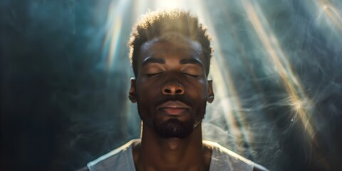 Wall Mural - African American man with eyes closed in prayer, illuminated by divine light. Concept Faith Portrait, Spiritual Moment, Divine Illumination
