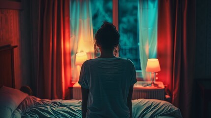 Worried, lonely, sad or depressed woman looking out through the window at night