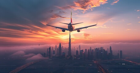 An airplane flies over Dubai, with the city skyline visible below. The sky is a beautiful sunset orange, with clouds that appear to be glowing