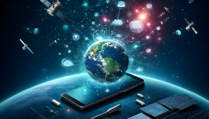 Mobile global internet communications. World wide web on phone via wireless satellite network technology. Smartphone digital connection at clouds services of all earth. Holographic abstract interface