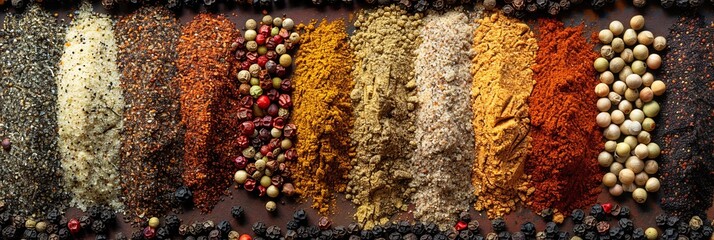 Poster - A close-up image of various spices for grilling, including black pepper, garlic powder, paprika, and dried herbs, arranged in rows on a kitchen countertop. Generative AI