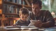 © ngstock - Father and son engaged in learning and reading together, nurturing a love for knowledge in a cozy home library setting.