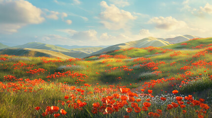 Wall Mural - A hilly green summer field of wild flowers.