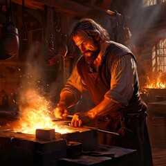 A medieval blacksmith working at his forge in a bustling village.