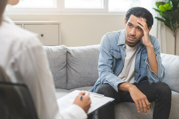 Psychology, depression. Suffer asian young man consultation with psychologist while patient counseling mental therapy, doctor hand taking notes at clinic. Psychologist with sick mental health person.