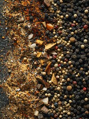 Poster - A close-up view of a mixture of spices for grilling, including black peppercorns, garlic powder, paprika, and dried herbs, spread out on a kitchen surface. Generative AI