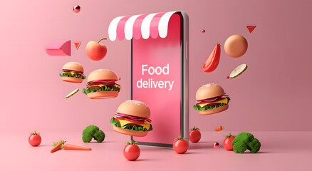 The concept of Modern food delivery mobile app kit template featuring a sleek user interface design, with floating vegetables and burgers on pink background. food, delivery, mobile, app, design