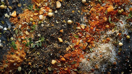 Poster - A close-up shot of a variety of spices arranged on a countertop, including black pepper, garlic powder, paprika, and dried herbs. Generative AI