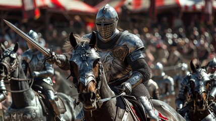 This image presents a detailed and realistic depiction of knights in armor mounted on horses, showcasing their fluid and precise movements as they engage in a dynamic duel