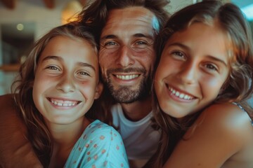 A group of three people, a man and two girls, smiling at the camera in a casual setting