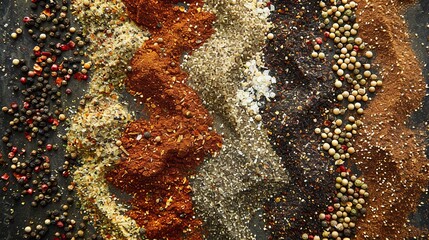 Poster - A close-up shot of various spices laid out in lines on a kitchen surface, ready to add flavor to a grilling session. Generative AI