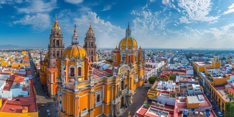 Poster - Puebla Cathedral in Puebla Mexico skyline panoramic view