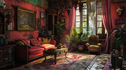 Wall Mural - A red room with a couch, a coffee table, and a chair