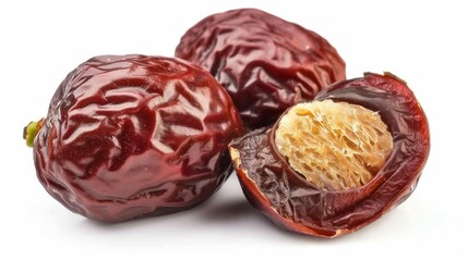 Wall Mural - photograph of dried jujubes, rich red-brown skin, on a white background. One jujube is whole and the other is sliced open, displaying its textured interior