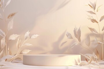 Wall Mural - Minimalistic Beige Podium With Abstract Leaf Decorations - Perfect for Product Display