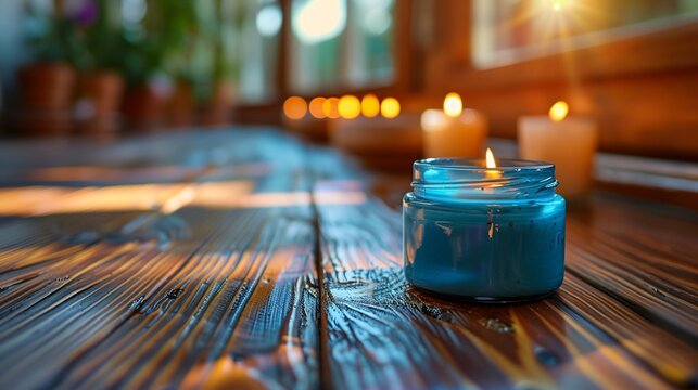 a blue jar with some candles on a table next to it and a window in the background