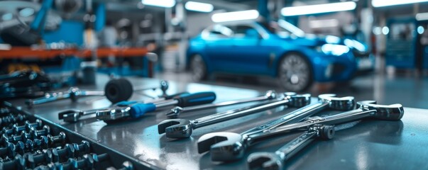 Wrenchs and hard tools on table for mechanic working in garage, car service banner. Generative AI.