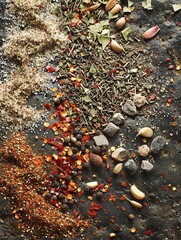 Poster - A close-up of a kitchen countertop scattered with a variety of spices, including black pepper, garlic powder, paprika, and dried herbs. Generative AI