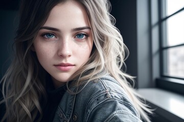 Wall Mural - a woman with blue eyes and a denim jacket