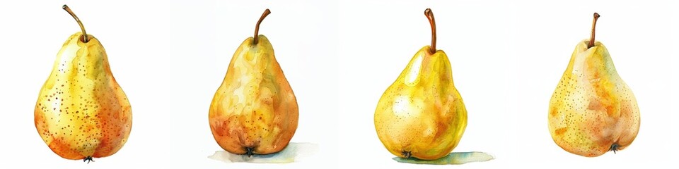 Poster - Vibrant watercolor pears in a row, showcasing the essence of summer's abundance and autumn's harvest, ideal for seasonal food concepts on a white background