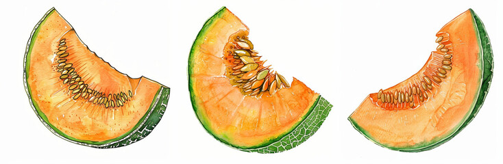Wall Mural - Watercolor illustration of three cantaloupe melon slices on white background, depicting summer freshness, health, and picnics; suitable for food blogs and menus