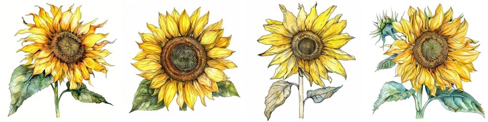 Set of four vibrant watercolor sunflowers isolated on white, symbolizing summer bloom and harvest, ideal for seasonal decor or Thanksgiving graphics