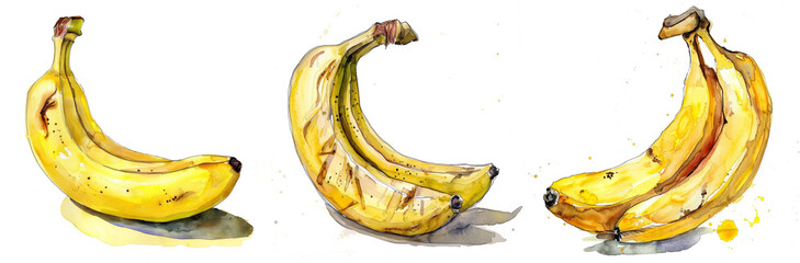 Wall Mural - Watercolor illustration of ripe bananas on a white background, ideal for summer themes, healthy eating concepts, and tropical fruit harvest designs